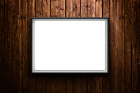 Blank art painting as copy space hanging on wooden wall