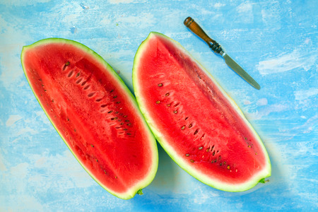 Sweet and tasty watermelon fruit slices, top view, selective focus
