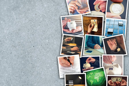 Business and entrepreneurship photo collage over gray concrete backgroundの写真素材