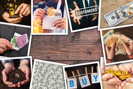 Business and entrepreneurship photo collage over woodem office desk backgroundの写真素材