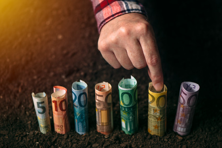 Harvesting euro money, conceptual agricultural image with hand picking EU paper currency from...