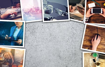 Business and entrepreneurship photo collage over gray concrete backgroundの写真素材