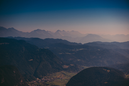 Beautiful Julian Alps landscape, aerial view of valley in Slovenian national park Triglav, toned imageの写真素材