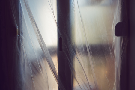 Plastic sheet masking over the door, home improveemnt and decorationの写真素材