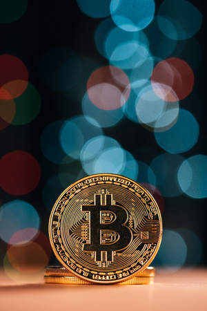 Bitcoin BTC cryptocurrency. BTC golden coin as symbol of electronic virtual money for web banking and international network paymentの写真素材