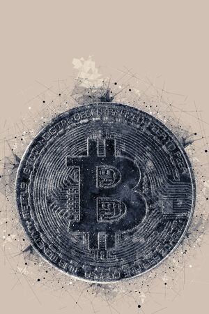Bitcoin, blockchain cryptocurrency golden coin on gold metal background to emphasize the value of virtual currency in modern world, conceptual illustrationの写真素材