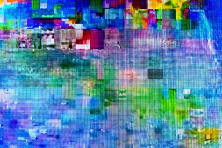 Digital TV glitch on television screen with misplaced squares, static effects and freezing problems during broadcast failureの写真素材