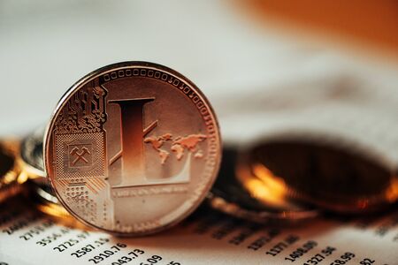 Litecoin cryptocurrency, blockchain technology decentralized currency coin, conceptual image with selective focusの写真素材