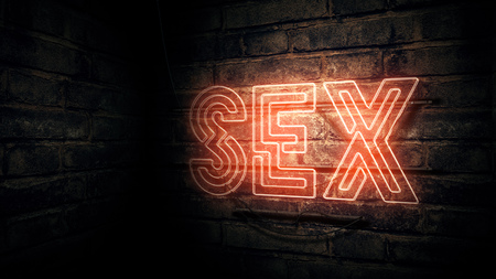 Sex neon sign mounted on brick wall, conceptual 3d rendering illustration for red light district or sex shopの写真素材