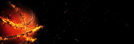 Basketball banner concept with copy space, sport balls on dark background, mixed media illustrationの写真素材