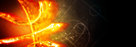 Basketball banner concept with copy space, sport balls on dark background, mixed media illustrationの写真素材