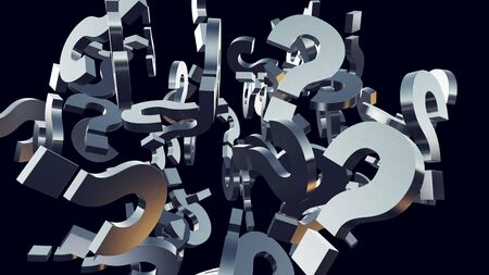 3d rendering illustration of exploding question mark particles as concept of perplexion and...