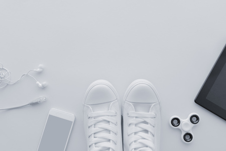 Millennial generation gadgets flat lay top view with copy spaceの写真素材