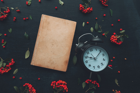 Vintage book and alarm clock flat lay top view on dark wooden background decorated with wild berry fruit arrangementの写真素材