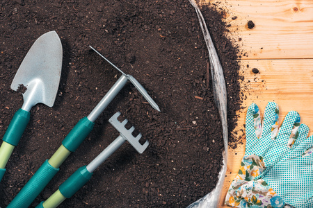 Gardening tools on potting soil, top view of equipment set on wooden backgroundの写真素材