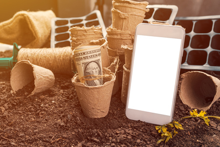 Smartphone mock up for organic farming concept, modern mobile phone device with roll of US dollar...