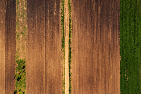 Aerial view of dirt road through agricultural field top down view from drone pov, abstract nature backgroundの写真素材