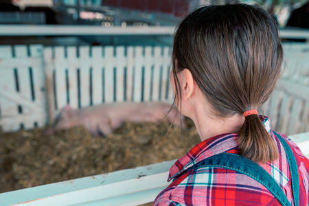 Farmer on pig raising and breeding farm. Female in plaid shirt and  jumpsuit overalls jeans with suspenders is looking at domestic pigs sleeping in pigpen.の写真素材