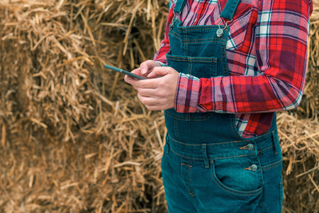 Female farmer typing sms message on mobile phone in front of the farmhouse haystack, close up of handsの写真素材