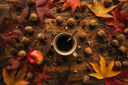 Autumn coffee break, cup of hot drink seen directly above with autumnal season fruit and dry leavesの写真素材