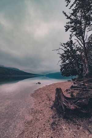 Crack of dawn on Lake Bohinj in Slovenia, beautiful tranquil landscape with autumnal fog on the lakeshoreの写真素材