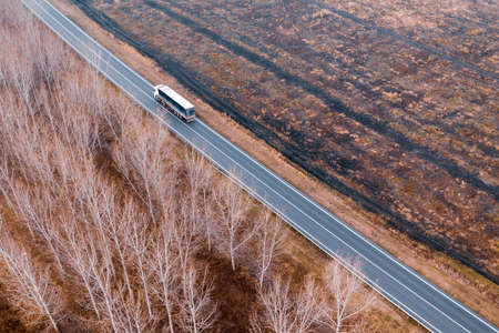 Aerial view of freight transport truck on the road from drone povの写真素材