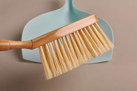 Dustpan and brush for house cleaning, selective focus