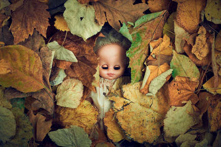 Spooky vintage doll toy in dry autumn leaves, conceptual flat lay top view