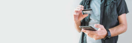 Mobile banking and shopping online panoramic image, selective focus