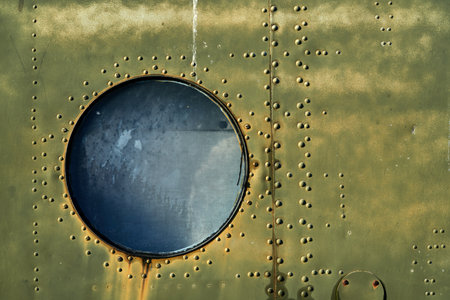 Vintage army background, circular window of an old military helicopter and worn metallic surface of...