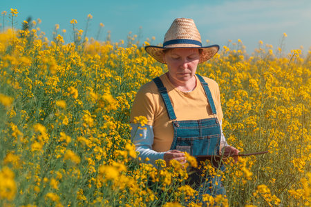 Female farmer using tablet in rapeseed field for digital tax record keeping, selective focus