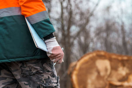 Forestry technician posing with clipboard notepad next to a tree log in forest, confident male...