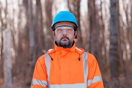 Forestry technician in aspen tree forest planning deforestation, portrait of tree nursery professionalの写真素材
