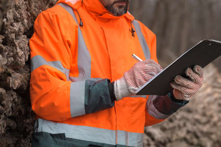 Forestry technician writing notes on clipboard notepad paper in forest during logging deforestation...