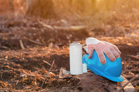 Forestry technician equipment for tree labeling, aerosol can spray paint and protective equipment
