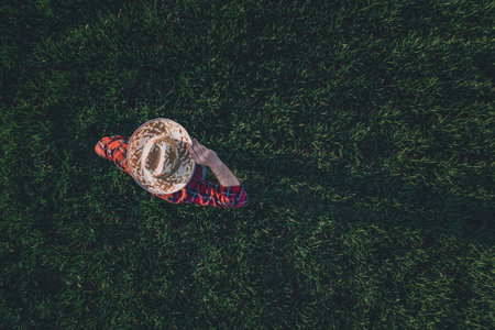 Wheat farmer standing and looking over wheatgrass field, aerial view of adult male farm worker...