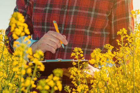 Oilseed rape farmer writing notes on clipboard notepad in blooming field, agronomist farm worker...