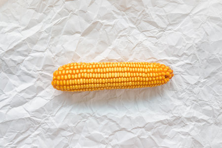 Corncob on crumpled paper background, top view with copy space includedの写真素材