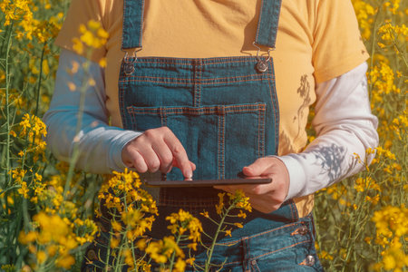 Female farmer using tablet in rapeseed field for digital tax record keeping, selective focusの写真素材