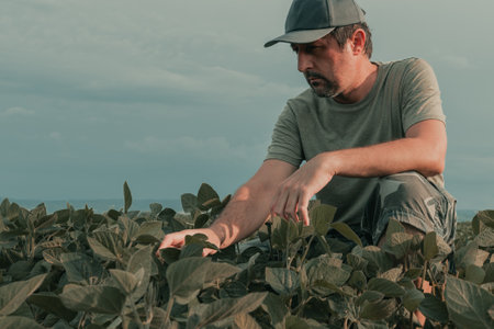 Serious concerned agronomist farmer examining development of green soybean crops in plantation...