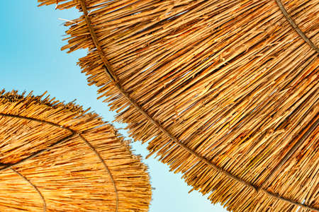 Low angle view of two straw sunshades on the beach with a piece of sky
