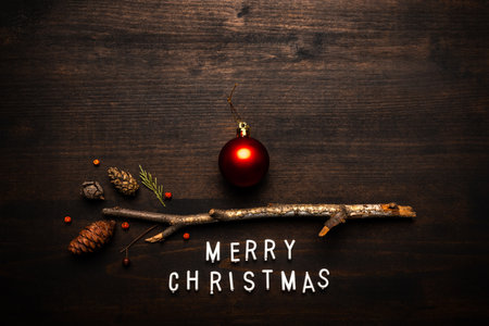 Red Christmas ball ornament top view flat lay on wooden background with textの写真素材