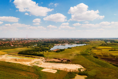 Panoramic aerial view of Lake Peskara in Zrenjanin, Serbia in sunny summer afternoon from drone povの写真素材