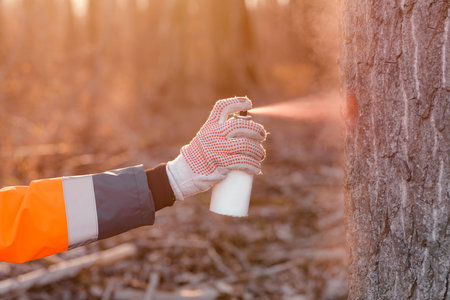 Forestry technician labeling tree trunk for cutting in deforestation process, forester spray painting woods with aerosol can paintの写真素材