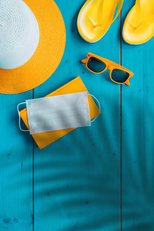 Summertime background at the beach during Covid-19 pandemics with copy space and palm leaf shadowの写真素材