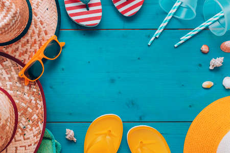 Summer holiday vacation beach accessories flat lay top view with copy spaceの写真素材