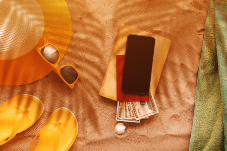 Summer holiday at sandy beach, flat lay top view with personal accessories at seaside and palm leaf...