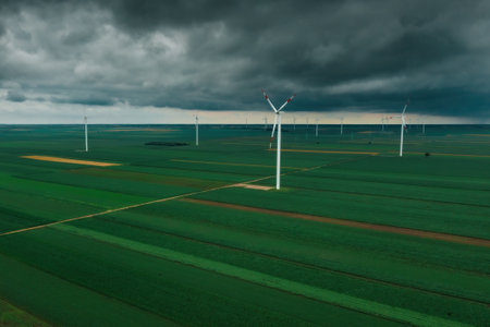 Aerial view of wind turbines on renewable green energy wind farm from drone pov