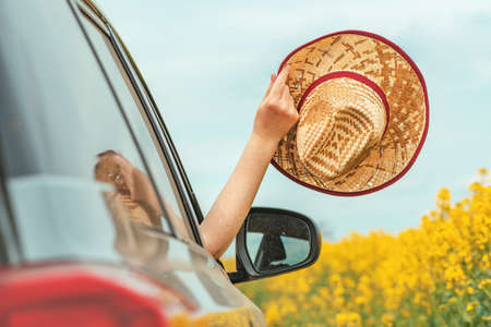 Woman enjoying car ride in blooming summer countryside landscape, hand with straw hat reaching out the window, selective focusの写真素材