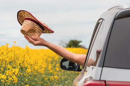 Man enjoying car ride in blooming summer countryside landscape, hand with straw hat reaching out the window, selective focusの写真素材